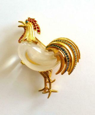 Rare Crown Trifari Jelly Belly 1960s Vintage Rooster Brooch From 1944 Patent