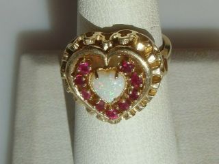 14k Yellow Gold Ring 86 Franklin Faberge Opal Ruby Heart Under Scrap Size 7