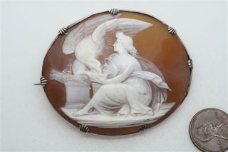 Antique Victorian Silver Cared Shell Hebe & Zeus Eagle Cameo Brooch C1860