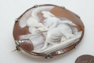 ANTIQUE VICTORIAN SILVER CARED SHELL HEBE & ZEUS EAGLE CAMEO BROOCH c1860 2