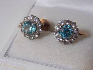Vintage Art Deco 9ct Rose Gold Screw Back Earrings Blue Zircon Spinel 12d 55