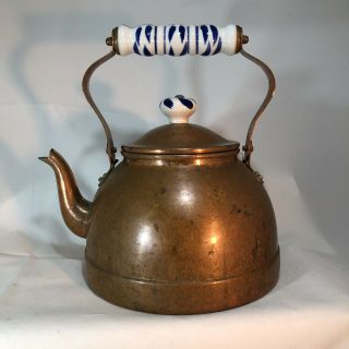 Vintage Copper Coated Tea Kettle With Porcelain Handle And Knob