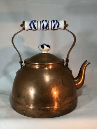 Vintage Copper Coated Tea Kettle with Porcelain Handle and Knob 3
