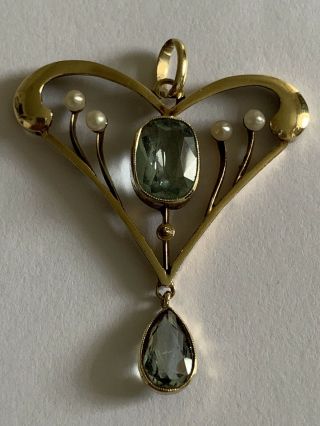 Art Nouveau 15ct Gold Natural Aquamarine & Seed Pearl Set Pendant