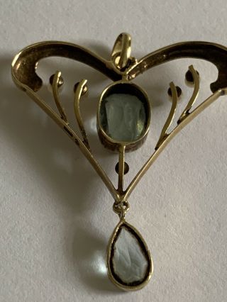 Art Nouveau 15ct Gold Natural Aquamarine & Seed Pearl Set Pendant 2