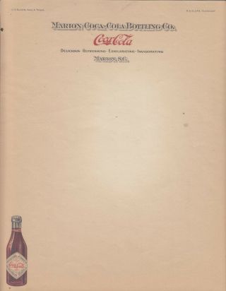The Marion Coca - Cola Bottling Co.  Letterhead Not Dated 1910 - 1919 @2