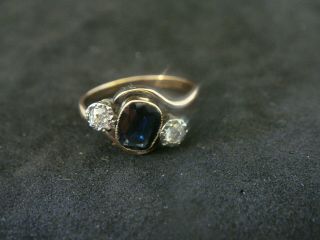 Antique Art Deco Sapphire & Diamond 9ct Gold & Platinum Trilogy Ring Size O