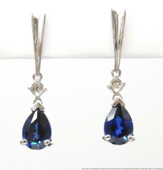 Vintage Natural Blue Sapphire Diamond 14k Earrings White Gold Dangles 1950s