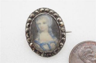 Antique Georgian Silver Pyrite Lady Portrait Miniature Lace Pin / Brooch C1780