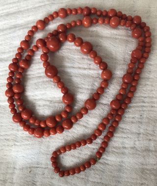 1930’s Italian Natural Undyed Red Salmon Coral Beads Necklace 30” Long