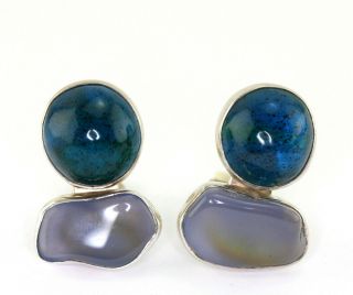 Vintage Rebecca Collins Sterling Silver Blue Chalcedony Art Resin Clip Earrings