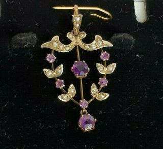 9ct Yellow Gold Amethysts & Seed Pearls Lavalier Drop Pendant Rare Nr