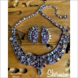 Sherman Art Deco Statement Necklace/earrings Alexandrite,  Cardinal,  Lilac Ab.  Rare