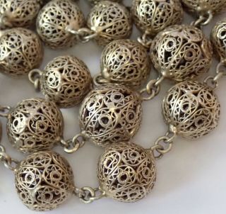 Long Vintage Antique Gold Gilt 800 Fine Silver Filigree Bead Necklace
