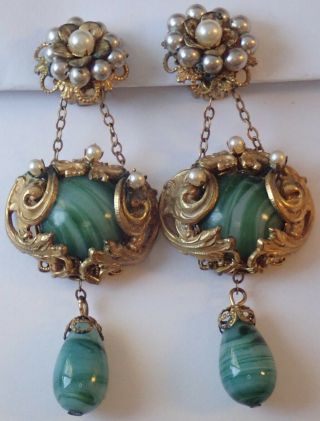 Vintage Miriam Haskell Gilt Brass Pearl Green Art Glass Chandelier Earrings