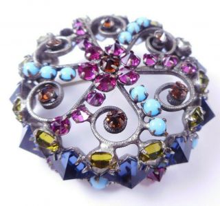 Vtg Schreiner Inverted Rhinestone Domed Brooch Pin Fx Turquoise Peridot Blue
