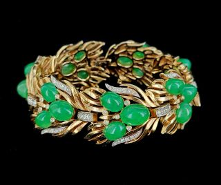 Vintage Crown Trifari Alfred Phillipe Moghul Green Glass Cabochon Link Bracelet