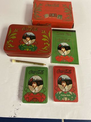 Vintage Antique Coca Cola Playing Cards Tin Box Pencil Notepad Box