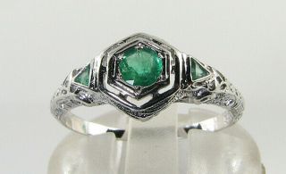 Class 9k 9ct White Gold Emerald Art Deco Ins Filigree Ring Resize
