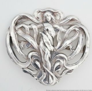 Antique Art Nouveau Sterling Silver Foster & Bailey Nude Woman Large Brooch Pin
