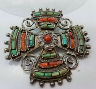 Matilde Poulat Matl Vintage Mexico Sterling Silver Turquoise & Coral Cross Pin