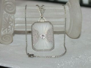 Antique Vtg Camphor Glass & Diamond 14k White Gold Necklace Pendant 7 Gr