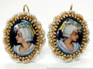 French Hand Painted Miniature Portrait 14k Gold Earrings Vintage Natural Pearls