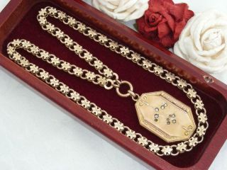 C1880 Antique Victorian 10k Gold Gf Bookchain Necklace & Jewelled Photo Locket