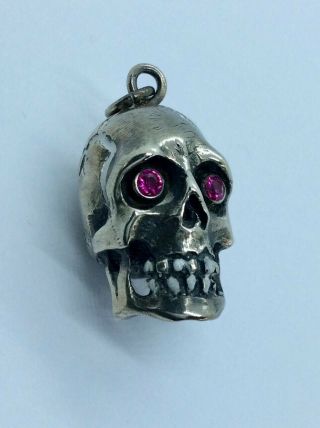Fine Heavy Memento Mori Solid Silver Rubies And Enamel Skull Pendant