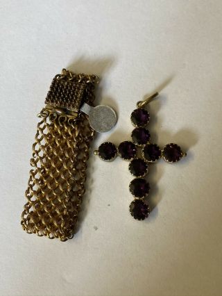 Georgian Silver Gilt Amethyst Paste Cross Pendant With Bracelet