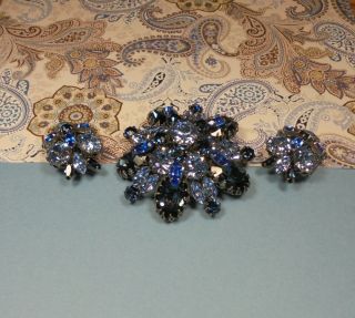 Schreiner Vintage Signed Shades Of Blue Rhinestone Brooch And Clip On Earrings