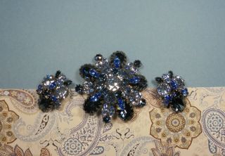 Schreiner Vintage Signed Shades of Blue Rhinestone Brooch and Clip on Earrings 2