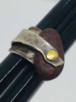 Vintage Modernist Sterling Silver & 18k Gold Hand Wrought Stone Ring Size 8