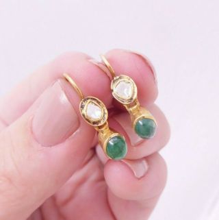 18ct Gold Rose Cut Diamond Cabochon Natural Emerald Earrings,
