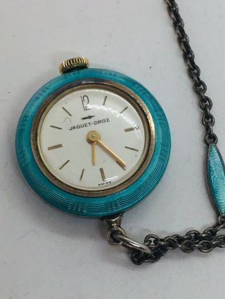 Antique Art Deco Sterling Silver Blue Enamel Chain Pendant Watch Necklace 3