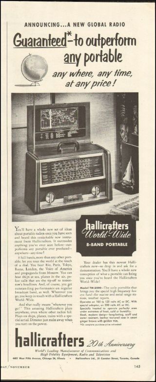 1953 Vintage Ad Hallicrafters World Wide 8 Band Portable Radio 022116
