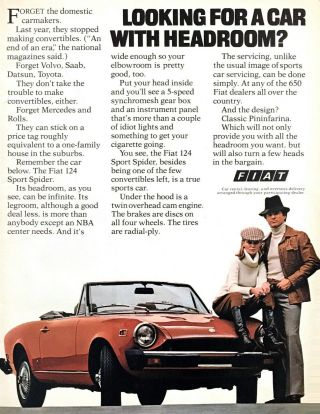 1977 Fiat 124 Sport Spider Convertible Photo " Infinite Headroom " Promo Print Ad