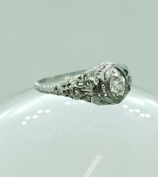 Antique Art Deco 18k White Gold.  20 Mine Cut Diamond Filigree Engagement Ring 7