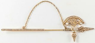 Antique Edwardian 14k Yellow Gold Diamond Pearl Sword Jabot Brooch Pin