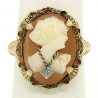Antique Art Deco 10k Yellow Gold Filigree Shell Cameo Ring W/ Rose Cut Diamond