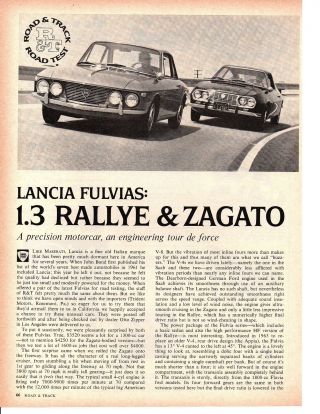 1967 Lancia Fulvia Rallye 1.  3 & Zagato 4 - Pg Road Test / Article / Ad