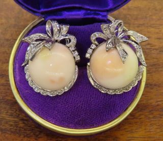 Vintage Palladium Art Deco Antique Filigree Angel Skin Coral Diamonds Earrings