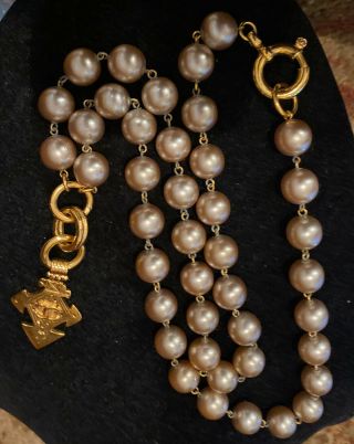Vintage Estate Chanel Made In France Long Pearl Gold Cross Necklace 94p