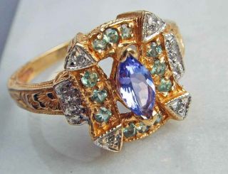 Art Deco Tanzanite & Alexandrite Diamond Princess 14k Yellow Gold Ring Size 7
