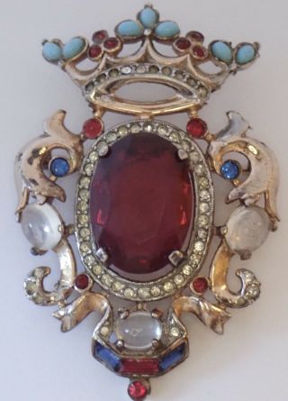 Vintage Trifari Sterling Silver Faux Moonstone Rhinestone Crest Crown Brooch