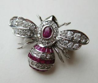 Fine Vintage 14k White Gold Diamond Ruby Gemstone Bee Insect Bug Brooch Pin 2.  3g