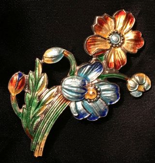Antique Soild Sterling Silver Enamel Poppy Lily Flower Brooch Art Nouveau Pin