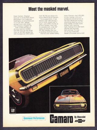 1967 Chevrolet Camaro Ss 350 Rally Sport 2 Photo Masked Marvel Vintage Print Ad
