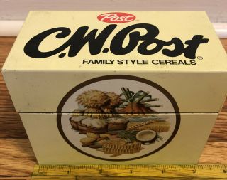 Vintage C.  W.  Post Family Style Cereals Metal Recipe Box No Dividers