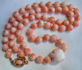 22 " Pacific Angel Skin Coral Chinese Carved Shou/chou Dragon Bead Necklace - 36.  3g